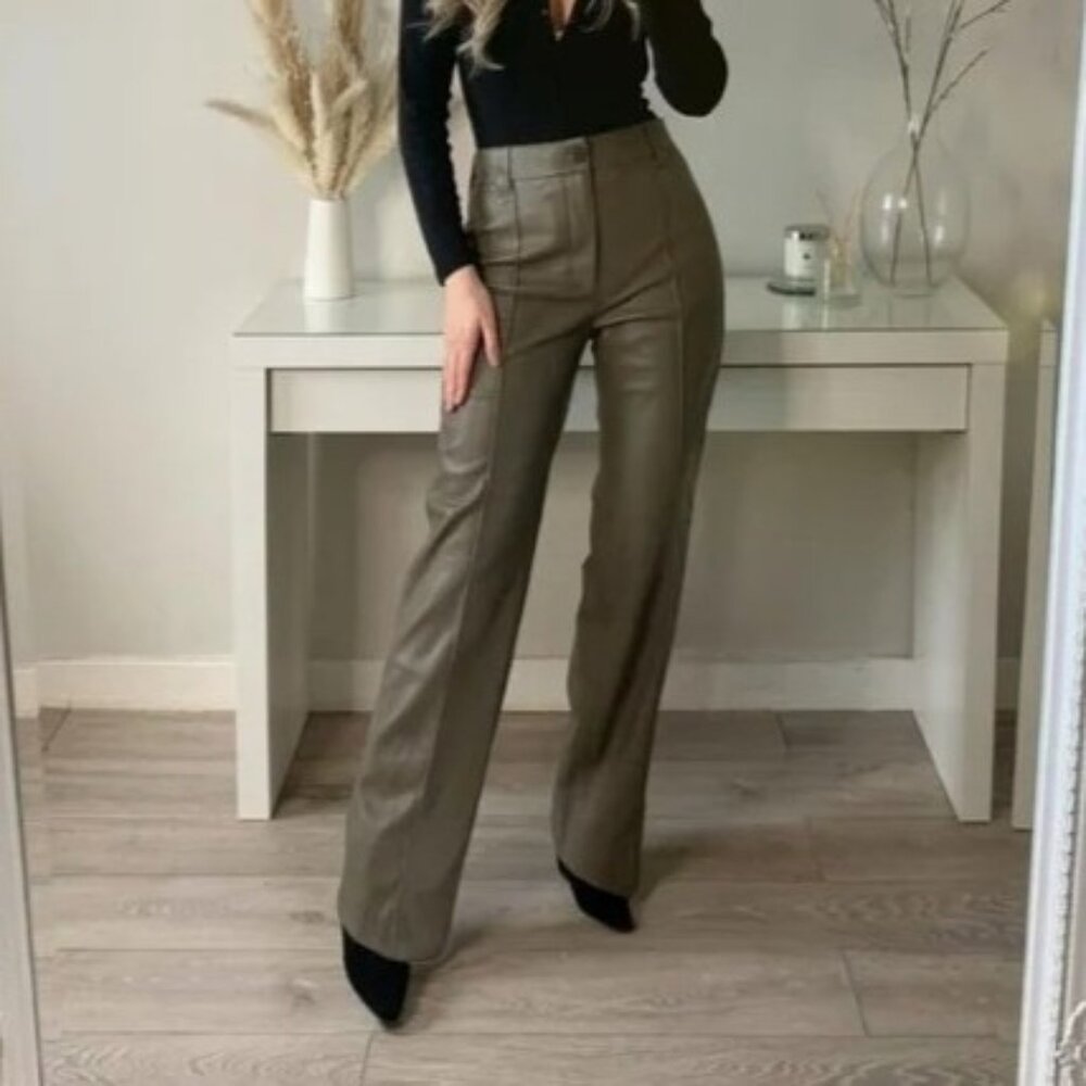 Zara The Francoise Full Length Wide Straight Leg Faux Leather Pants